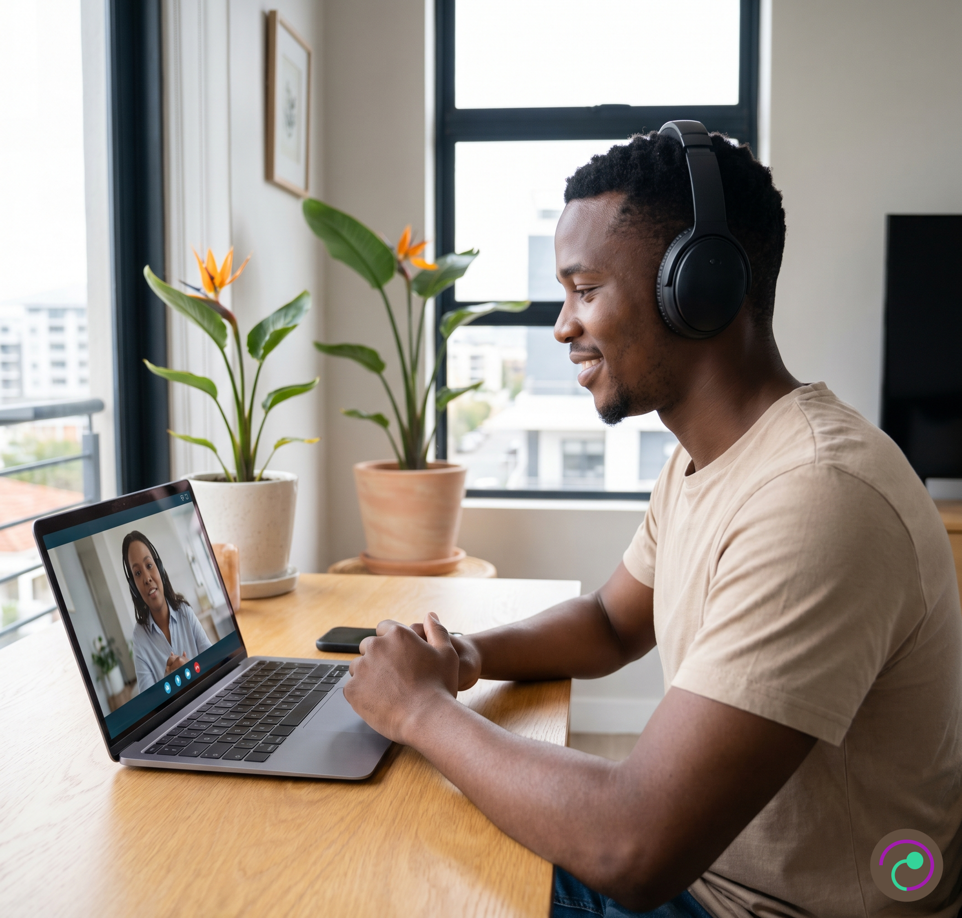 Therapist in a warm, welcoming online session